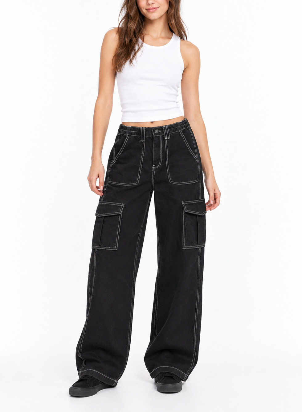 BDG Urban Outfitters Womens 26 Black Skate Cargo Jeans Contrast Stitch Y2K